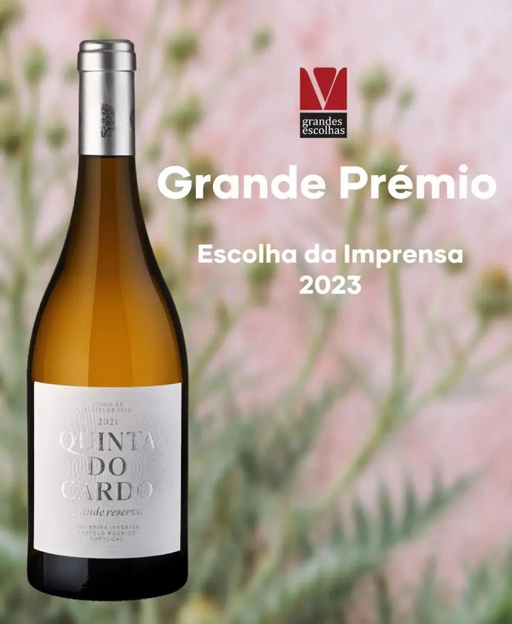 Quinta do Cardo Grande Reserva 2021 premiado no concurso Escolha da Imprensa 2023, na categoria de brancos da revista Grandes Escolhas